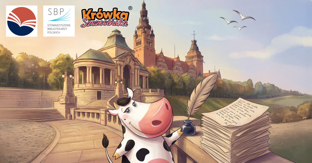 Krówka Szczecińska z piórem na tle Wałów Chrobrego - grafika promująca konkurs poetycki Szczecin w słodkich rymach 